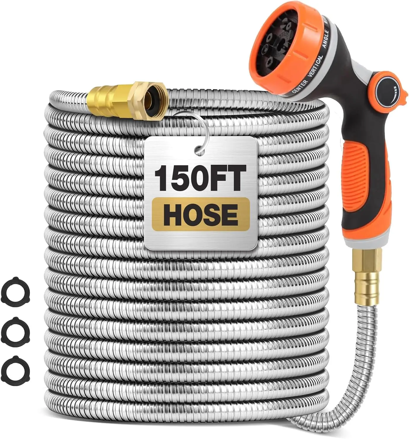 150 ft Garden Hose, Metal Water Hose 100 ft with 10 Function Nozzle & 3/4 Copper Fitting, Heavy Duty & Flexible
