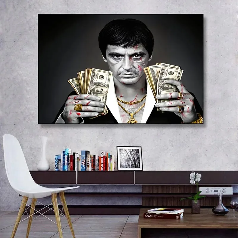 Gangster movie Scar Face Evil Star Canvas Painting Printed with Money Tony Montana Canvas Portrait Wall Art Picture Living Room