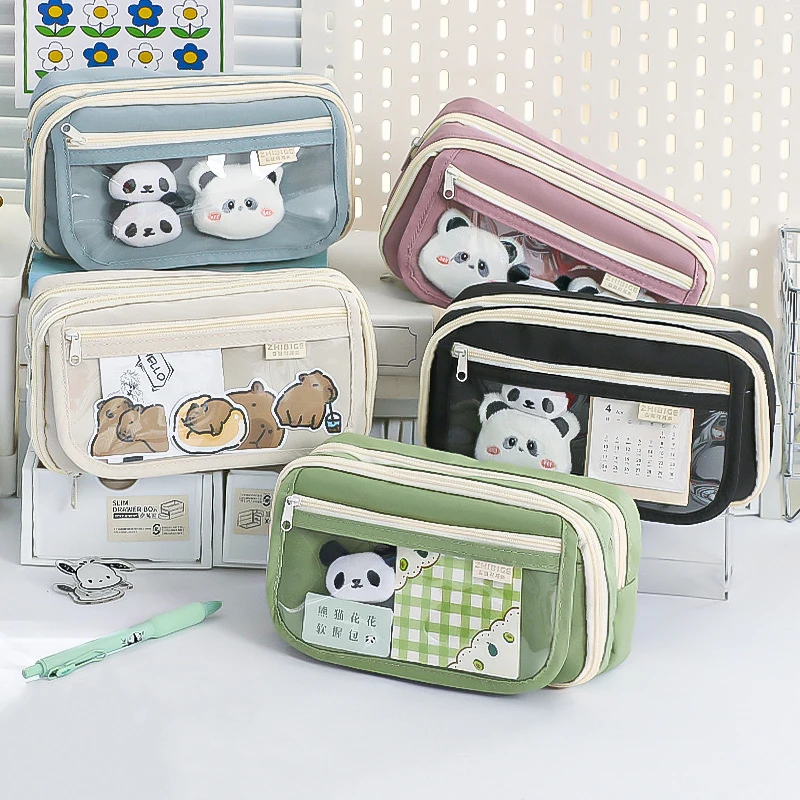 Cute Pencil Case Panda Large Capacity Pencil Pouch Transparent Compartment  Magnetic Button Flip Back to School Supplies Gift