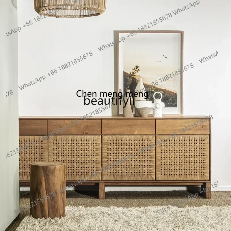 CC182R0R Medieval solid wood dining side cabinet braided rope living room wall locker simple modern tea cabinet