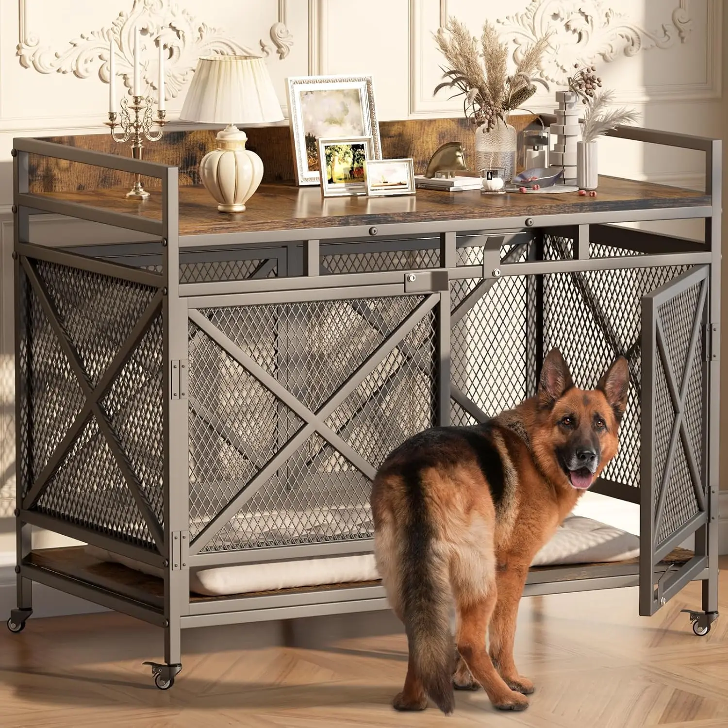 Large Dog Crate Furniture, 48 Inch Wooden Dog Kennel for XLarge Dogs, Heavy Duty Dogs Furniture Indoor Wire Dog Cage with