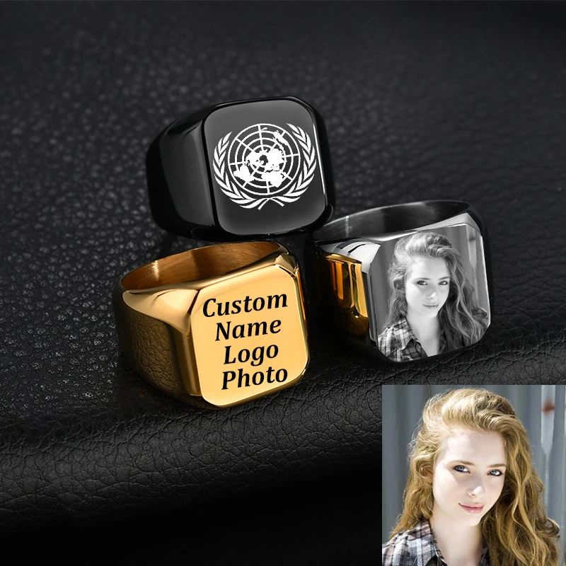 

Customized Engraved Name Photo Logo Ring For Men Women Stainless Steel Square Width Ring Personalized Family Lovers Jewelry Gift