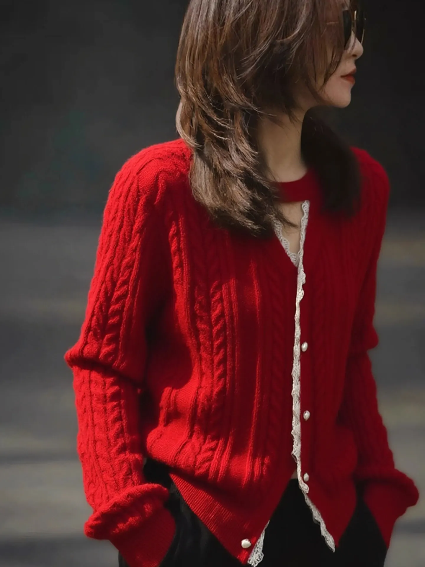 

Ele Red Lace Splice Long Sve Knitted Sweater Winter Commute Sle Korean Loose Fit V-Ne Women's Faion Woolen Top