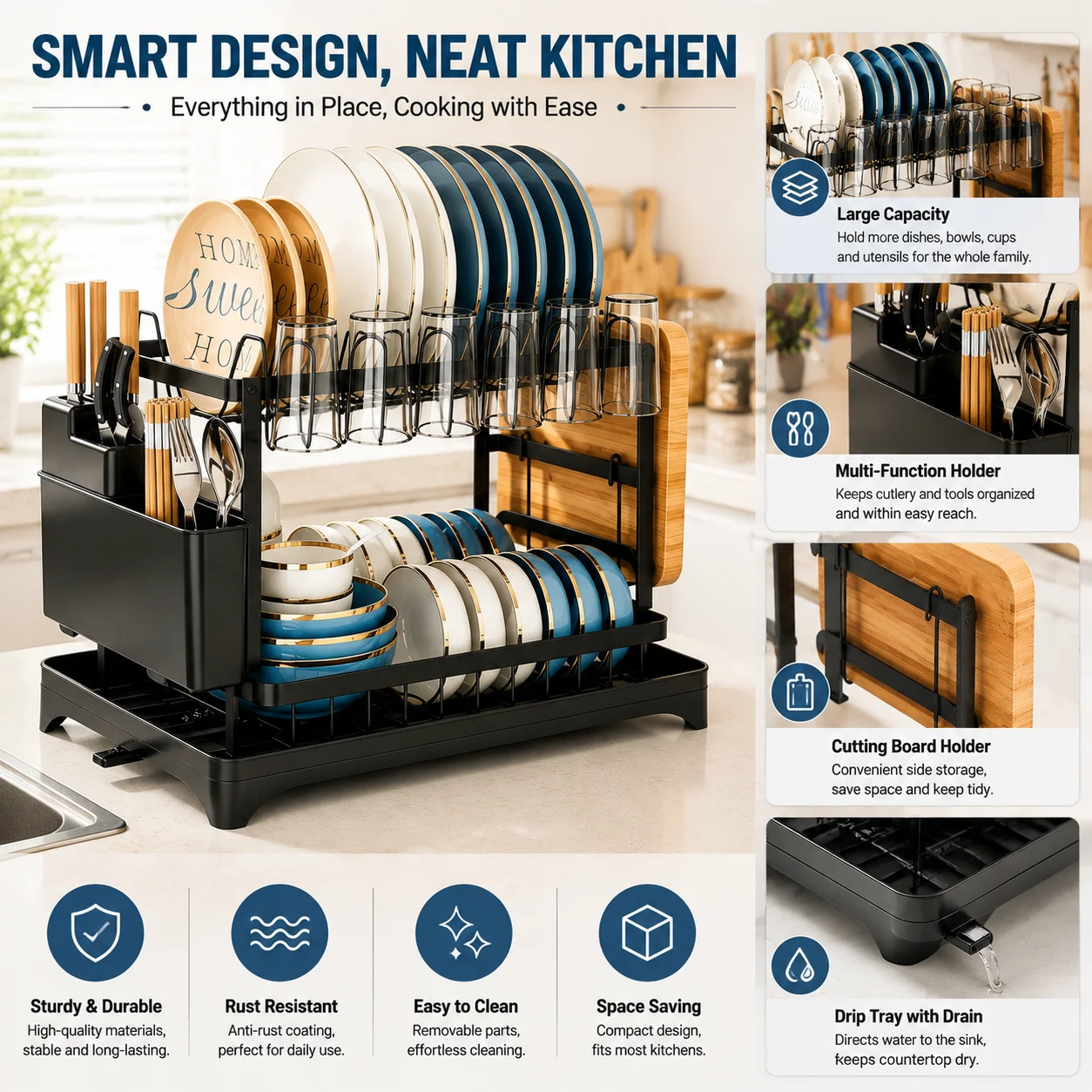 2‑Tier Black Dish Drying Rack, Large‑Capacity Metal Kitchen Countertop Dish Rack with Utensil Holder, Cup Holder and Cutting Board Holder, Kitchen Plate Bowl Drain Organizer