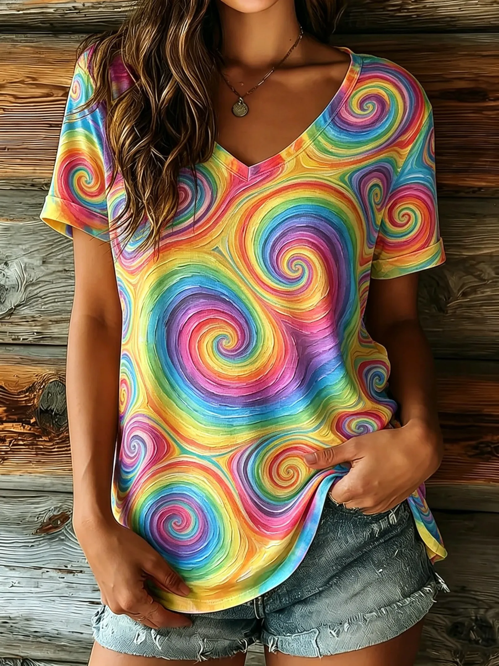 Women's V-Neck White & Gray Abstract Swirl Print Short Sleeve T-Shirt, Casual Tops for Spring & Summer
