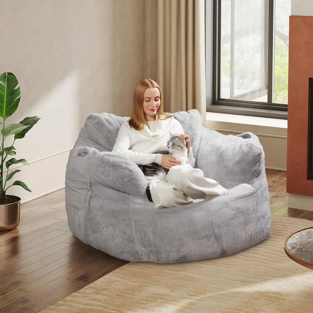 كرسي بين باج كبير 43 للكبار مع مساند للذراعين، أريكة مملوءة بإسفنج الذاكرة لغرفة المعيشة أو غرفة النوم، رمادي #2