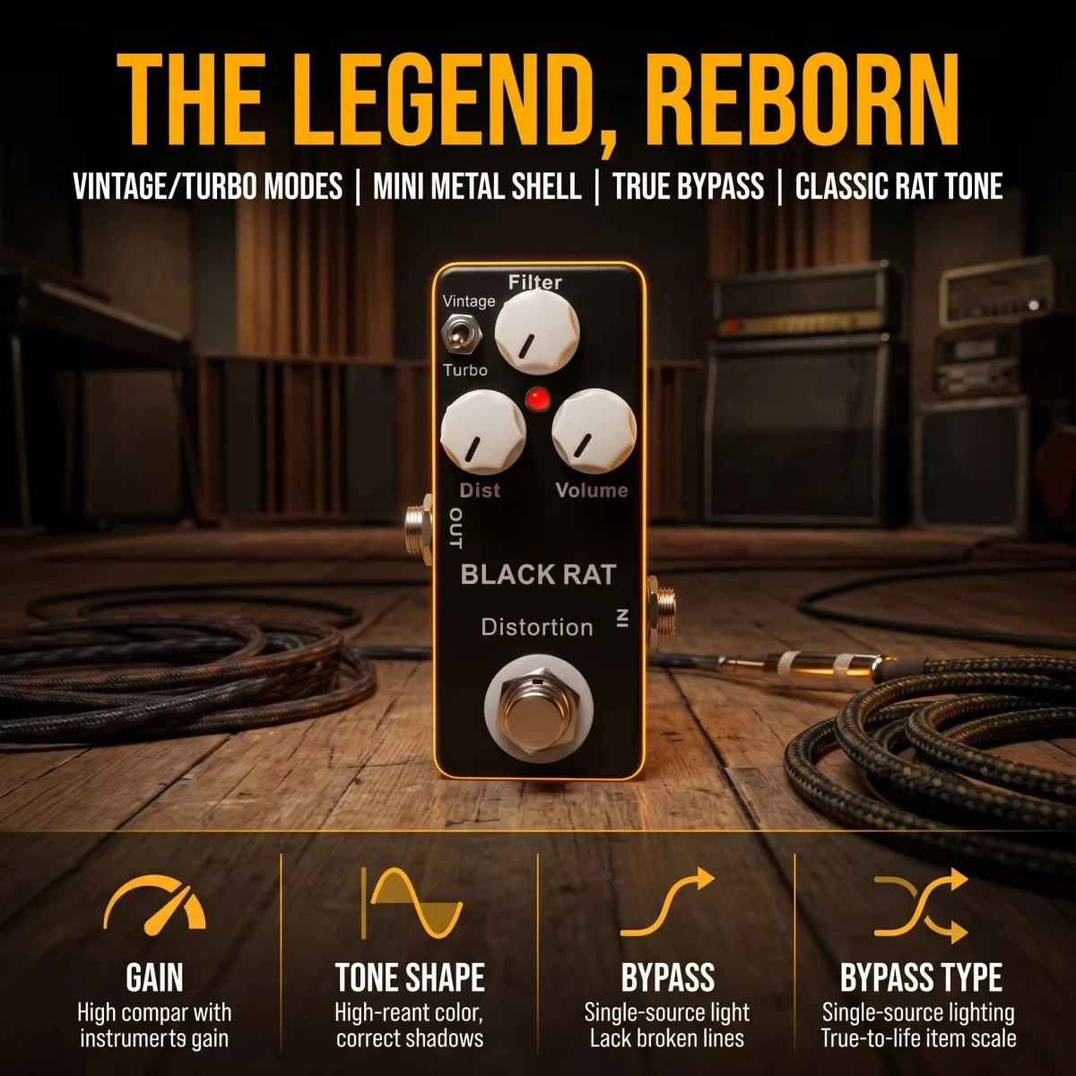 Mosky Black Rat Distortion Effect Pedal Portable True Bypass Stompbox Switchable Classic/Turbo Rat Modes Pure Analog Circuit