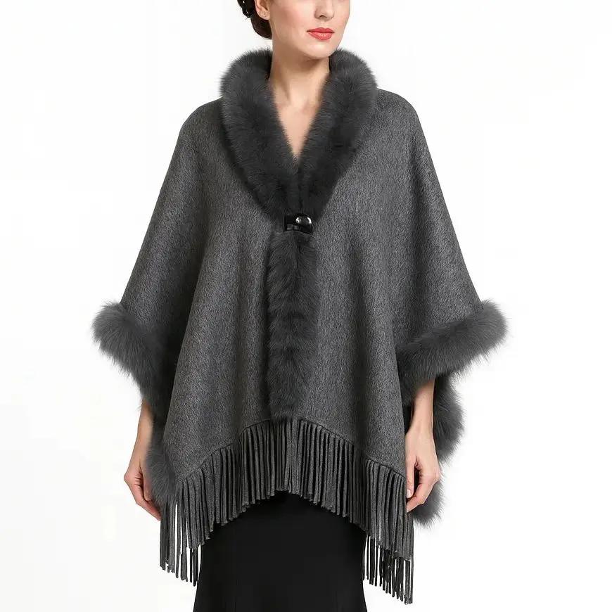 Women 100% wool shawl coat with fox fur-trim lower hem with fringe dark grey color 241169