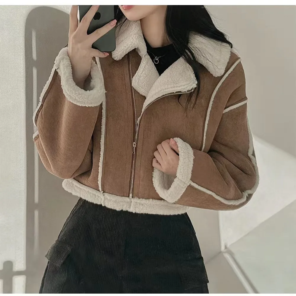 

Sli ort Lamb Fur Suede Long Sve Jaet Retro Korean Sle Women's Zipper Closure Polyester Fiber Winter Outerwear