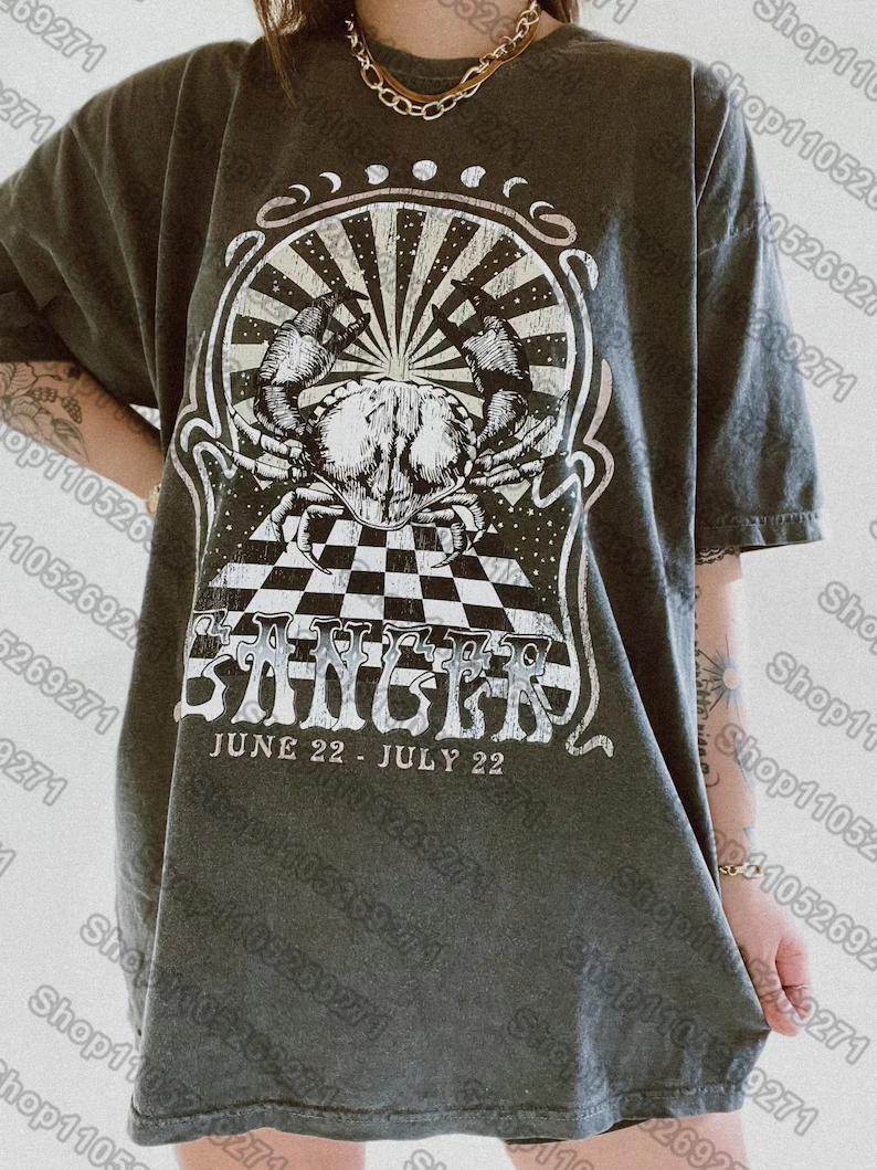 12 Zodiac Signs Dark Gray Printed T-Shirt — Libra, Leo, Aries, Sagittarius, Gemini Short-sleeved Retro Street Y2K Fashion Tops