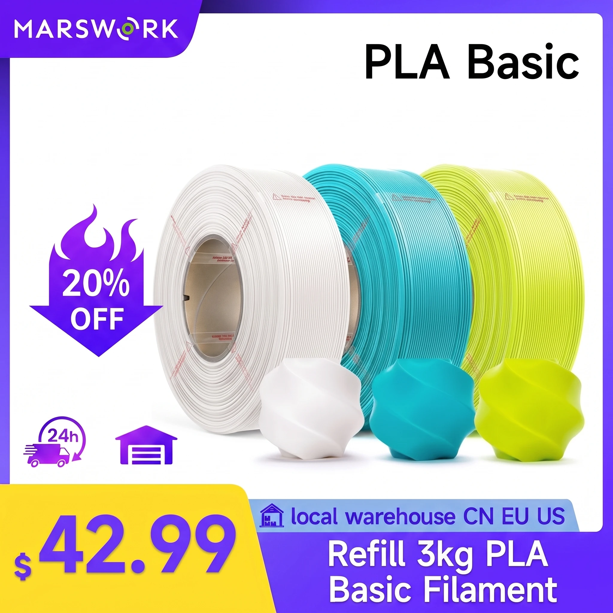 MarsWork Refill PLA Basic Filament 3kg For Bambu Lab 3D Printer Filament 1.75mm 1kg/spool Pre-Dried AMS Compatible Color Swatch
