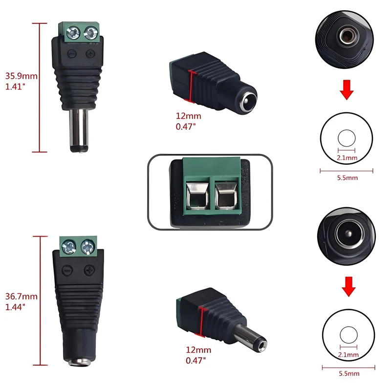 5521 DC Adapter Plug Screw Type 5.5mm X 2.1mm 12V 24V Power Jack Socket Connector for Led Strip CCTV Security Camera Cable Wire