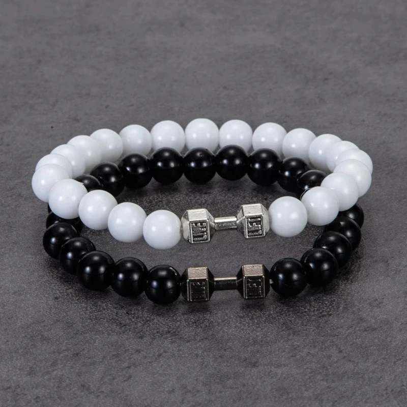 2pcs/Set Natural Stone Dumbbell Beaded Bracelet Black Beads Fitness Fit Life Prayer Bracelets Bangles Barbell Men Jewelry image 3