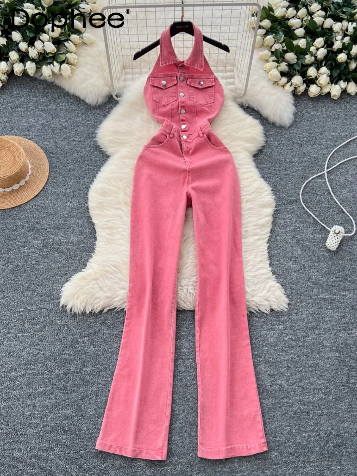 2024 Summer New Retro Lapel Neck Single-breasted High-waisted Slim-fitting Backless Denim Jumpsuit Women Korean Style