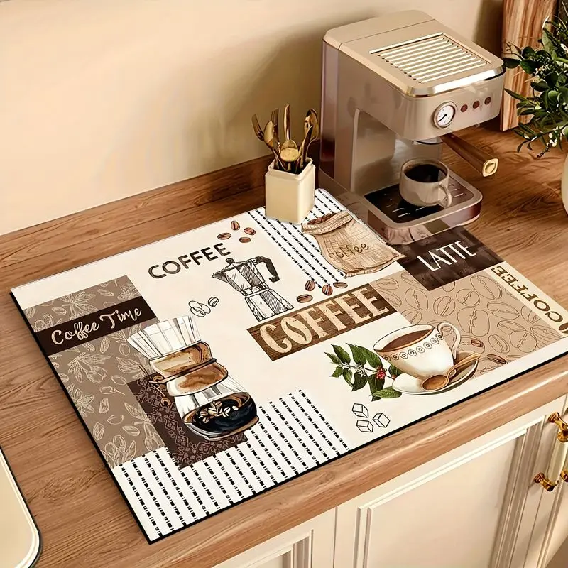 VIKAMA Kitchen Utensil Draining Mat, Retro Collage Coffee-Themed Absorbent Non-Slip Mat, Coffee Machine Countertop Home Decor