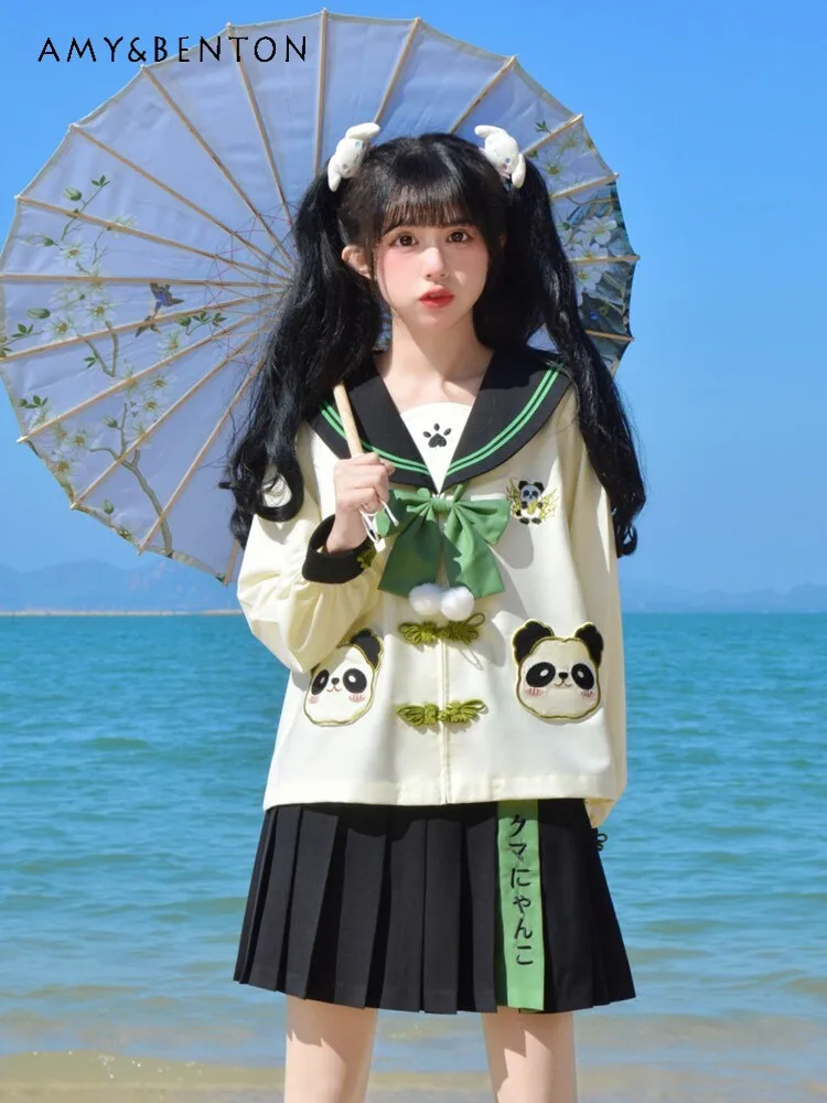 

2026 Spring Summer New Chinese Style Sweet Cute Panda Embroidery Long Sleeve Tops Black Pleated Skirt JK Uniform Set for Women