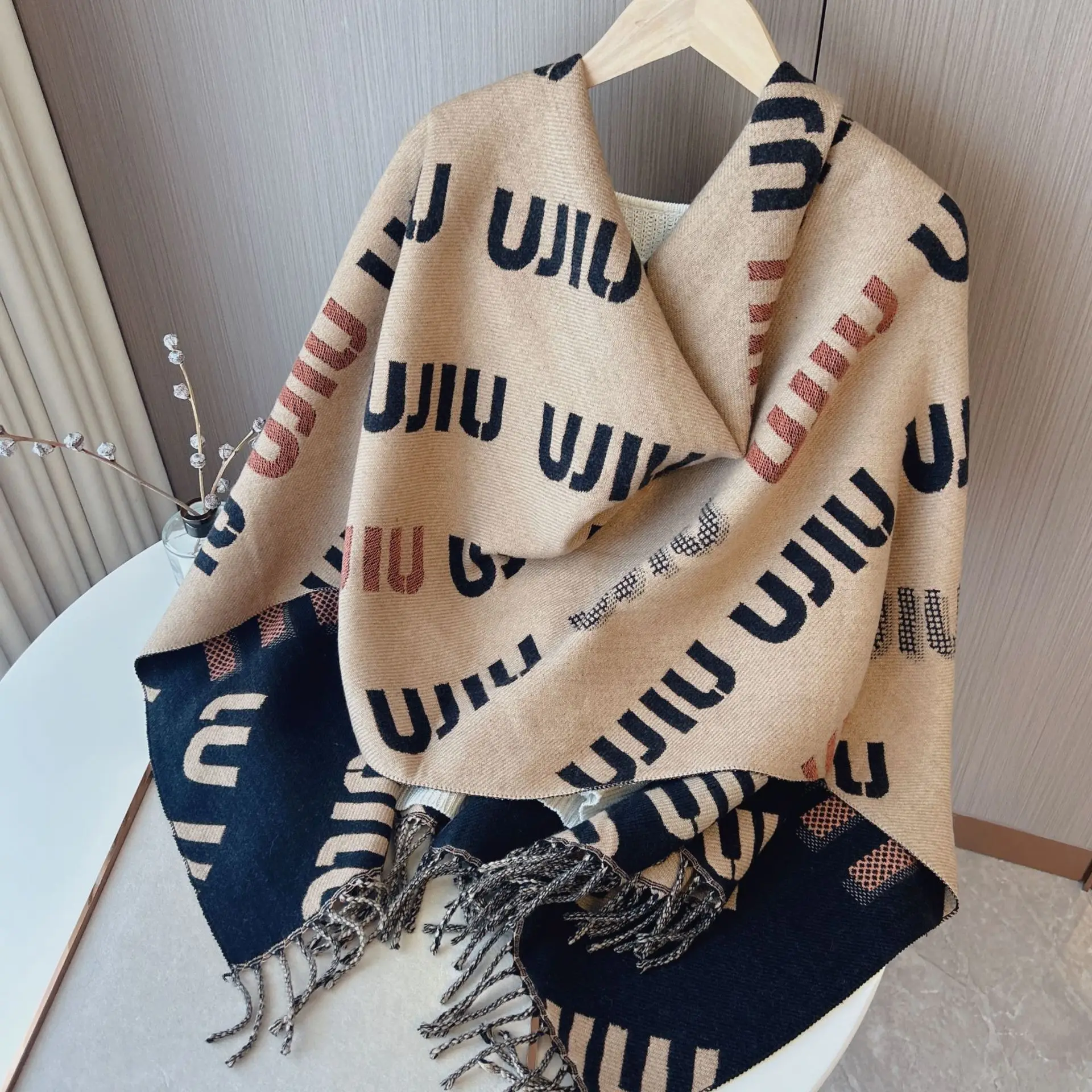 2024 New Scarf Women Winter Color Matching Warm Scarves Imitation Cashmere Letters Double-sided Thickened Air Conditioner Shawl