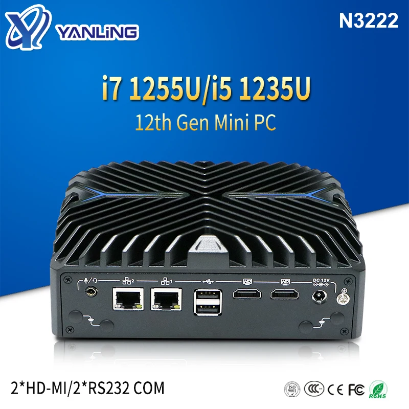 

Intel 12th Core i7 1255U i5 1235U Fanless Mini PC 2x RS232 DDR4 WIFI 4G/5G Dual HD-MI 4K display Computer