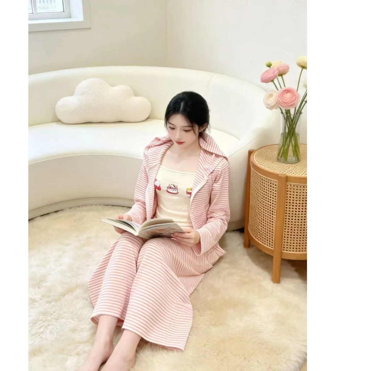 

Pink Striped Ear Hooded Sun Protection Outerwear Open Cardigan Strap Long Pants Vest Set Autumn Three-piece Set Casual Style