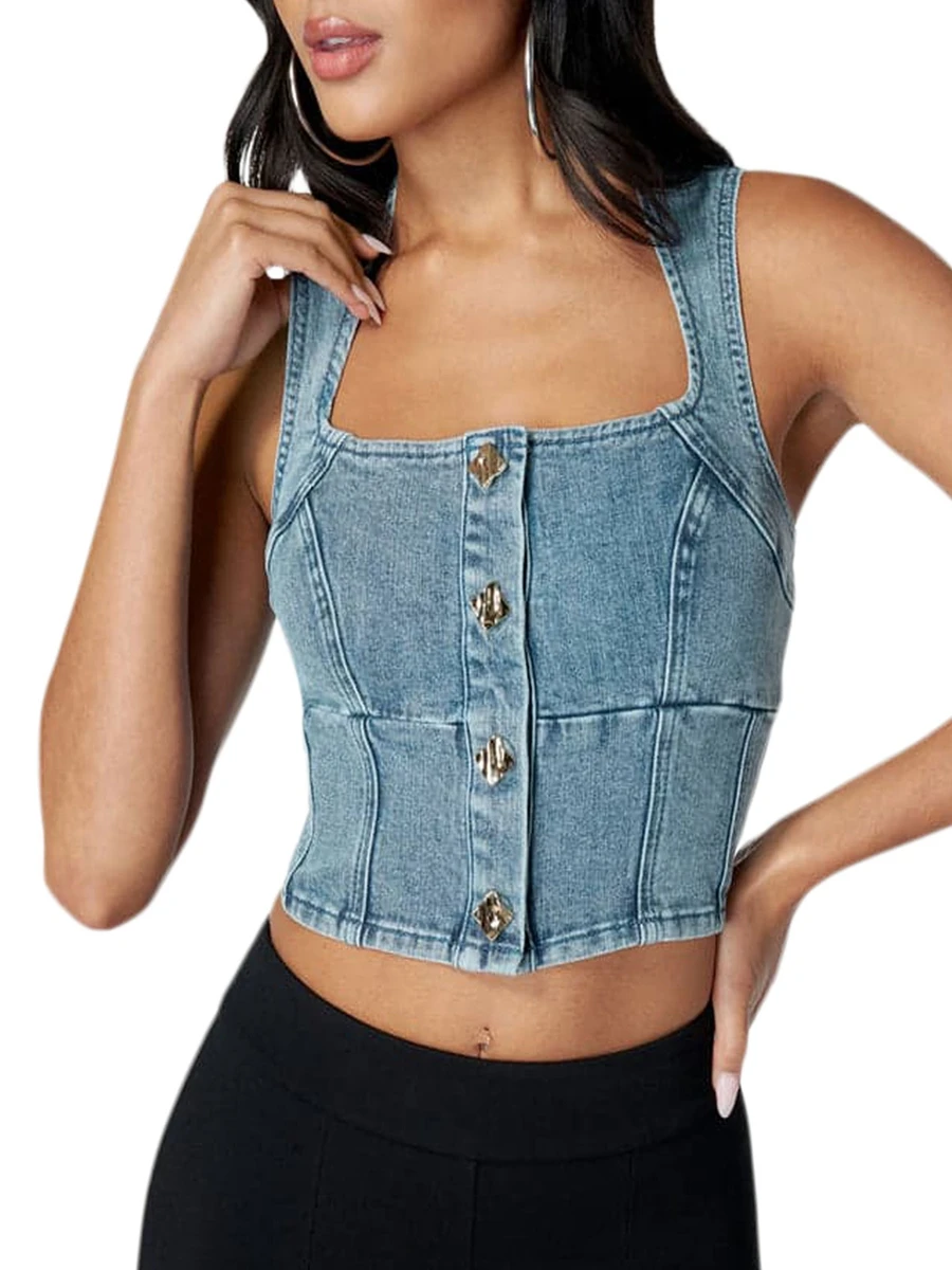 Camiseta sin mangas de mezclilla para mujer, chaleco sin mangas con cuello cuadrado y cierre de botones, ropa de discoteca de verano sólida