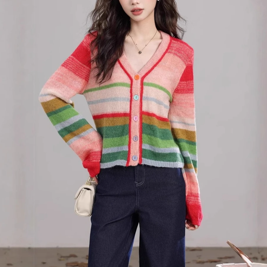

Women Colorful Striped Cardigan 2025 Autumn Winter Casual Knit V Neck Long Sleeve Button Down Sweater