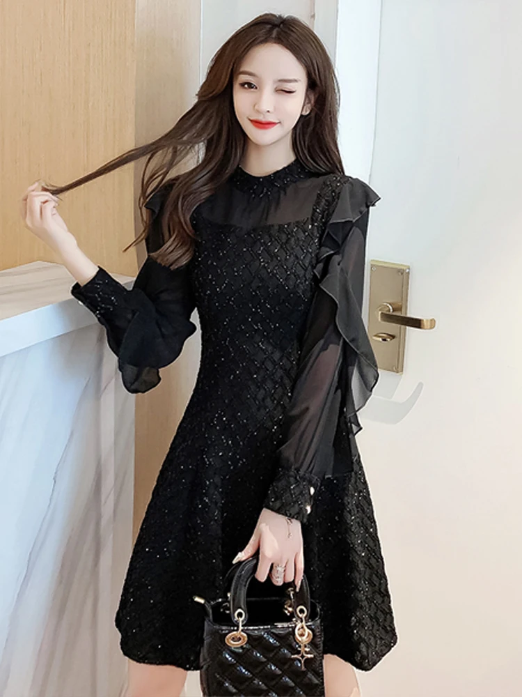 Autumn Winter Stand Collar Ruffles Mesh Patchwork Mini Dress Women Long Sleeve Elegant Fashion Bright Silk A-line Dresses Robe