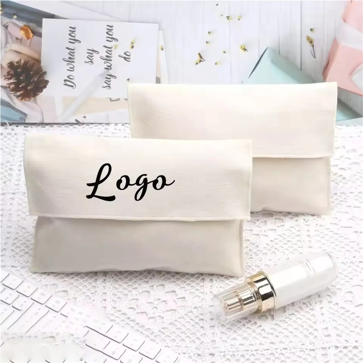 100pcs Luxury Custom Logo Envelope Cotton Canvas Bag for Cosmetics Perfume Promotion White Beige Handbag Packaging Gift Pouch