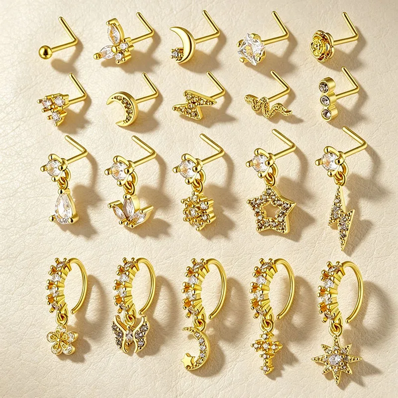 Multi-Style CZ Flower Dangle Nose Ring Pack of 20, 20G L-Bend Stainless Steel Nostril Hoop & Cartilage Ear Stud Jewelry