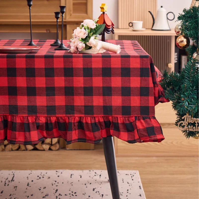 Vintage Red Black Plaid Ruffled Tablecloths Rectangle Christmas Decoration for Kitchen Restaurant Dining Party Home Table Covers