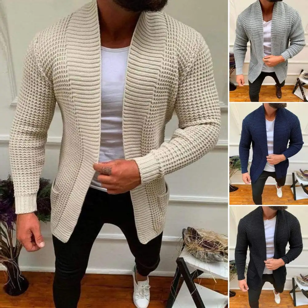 

Men Sweater Coat Solid Cardigan Long Sleeves Open Stitch Rough Surface Thick Elastic Knitting Business Spring Sweater Jacket