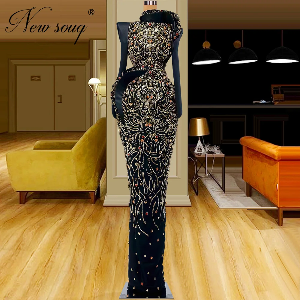 

Gorgeous Long Sleeves Prom Dresses Muslim Black Beaded Crystals Mermaid Wedding Party Dress Dubai Couture Women Evening Dress