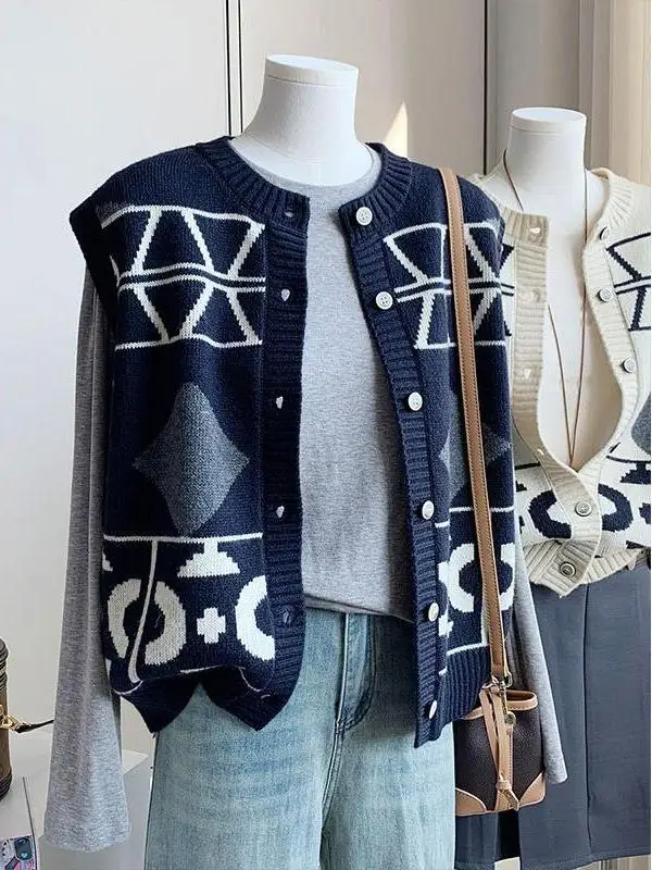 

Korean Sle Geometric Color Blo High-End Knitted Vest Women's Autumn Winter New Sle Layering Sweater Vest Open Cardigan