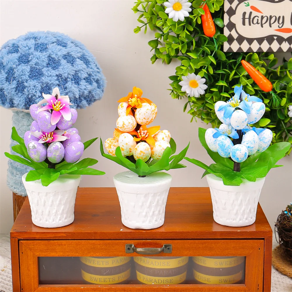 Colorful Easter Egg Tree Flowerpot DIY Crafts Handmade Artificial Easter Eggs Potted Mini Simulation Egg Decorations