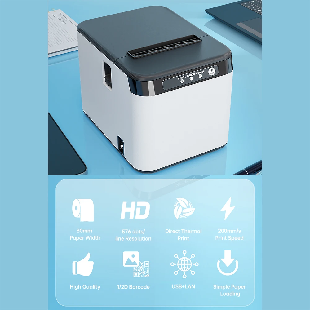 80mm Receipt Printer ESC/POS Thermal Printer Desktop Direct Print USB+LAN Connection High Efficiency with Auto Cutter LargePaper