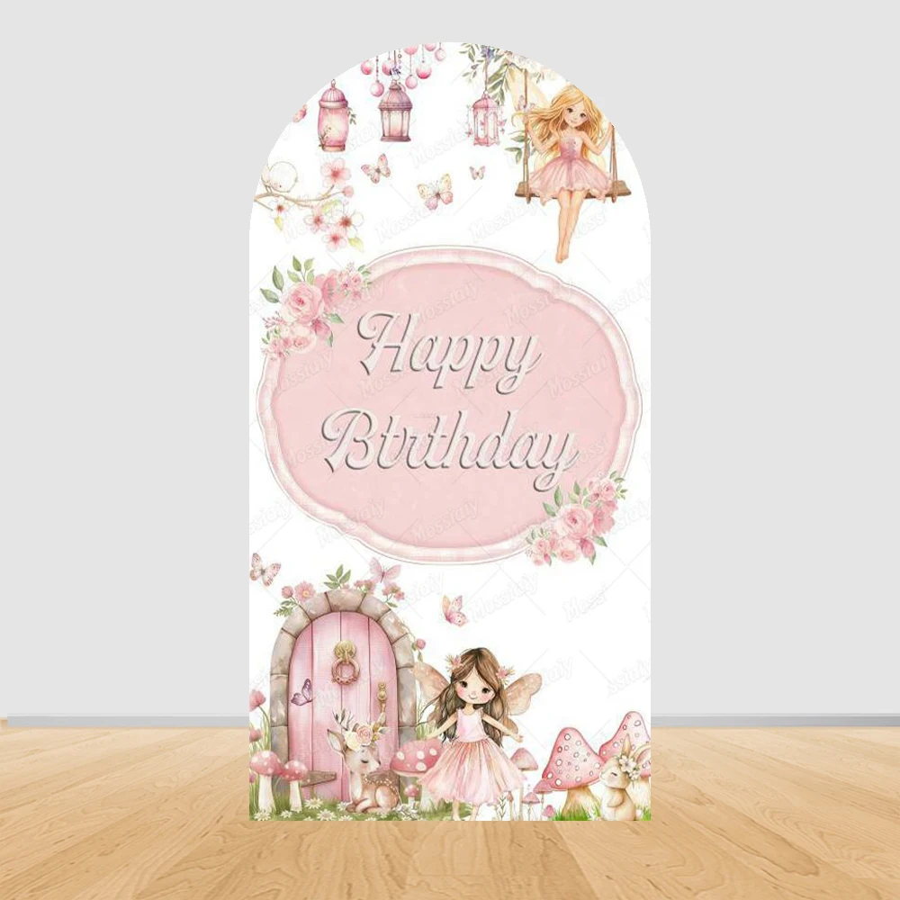 Fairy First Birthday Arch Cover Background Flower Pink Mushroom Door Ballet Girl Baby Shower Party Decor Photo Arch Backdrops - view 5