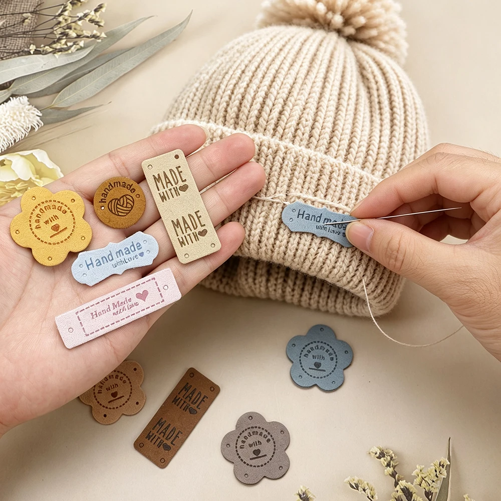 50Pcs PU Leather Handmade Tags, 5 Different Styles & 10 Colors Labels for Knitting DIY Hats Scarves Gloves Bags Shoes Jeans