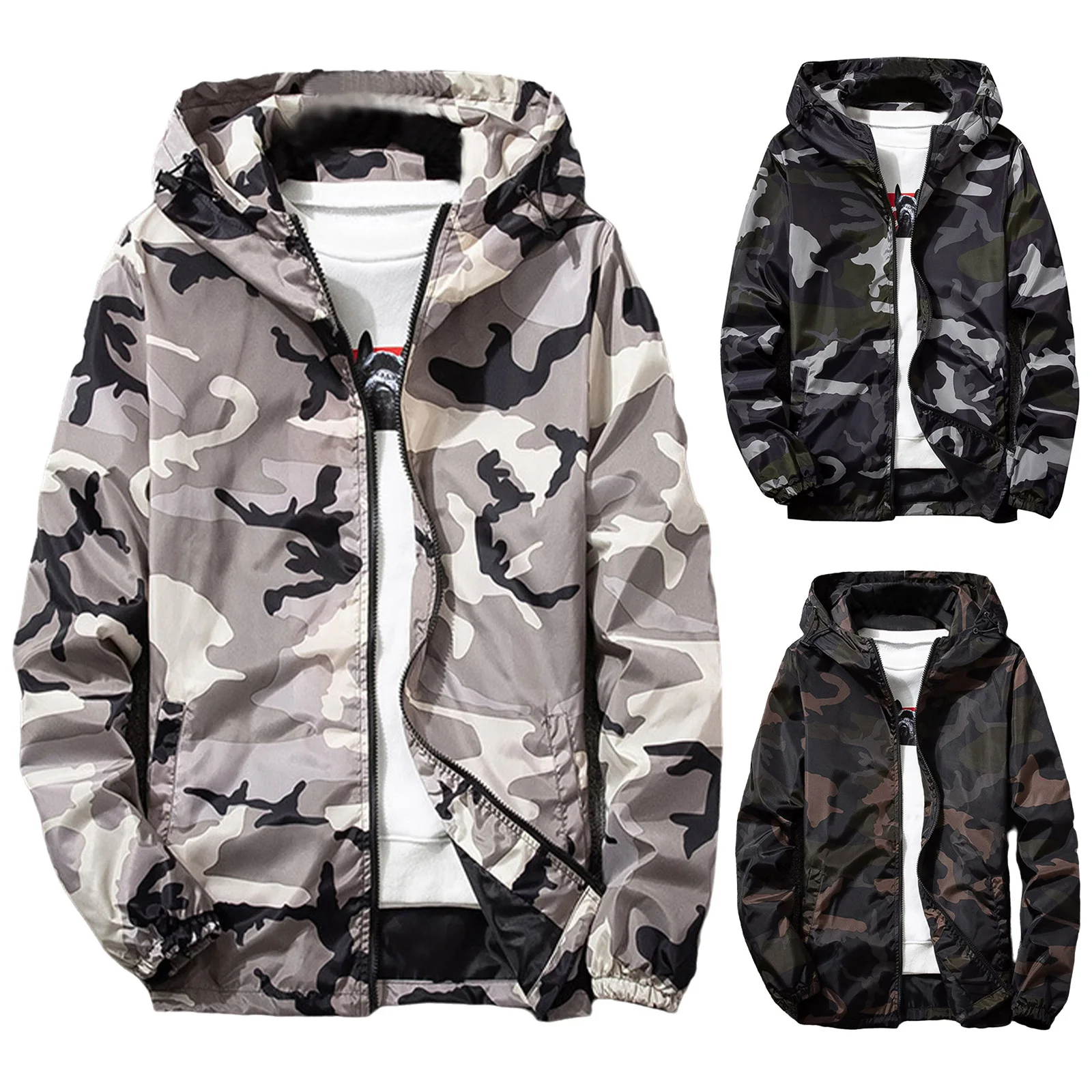 Men Camouflage Printed Hooded Jackets Outerwear Long Sleeve Elastic Cuffs Zipper Pockets Baseball Coat for Hiking Cycling Daily