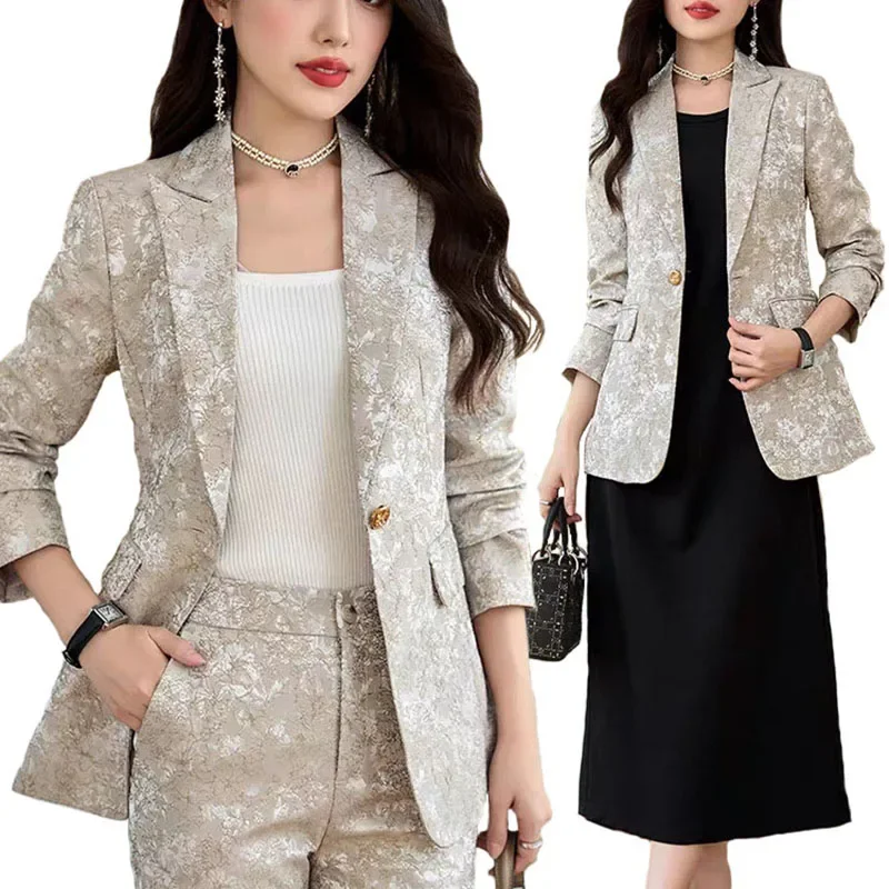 Pop Fashion Apricot Printing Women Pant Suit Elegant Business Office Ladies 2 Piece Set Female Formal Blazer And Trouser