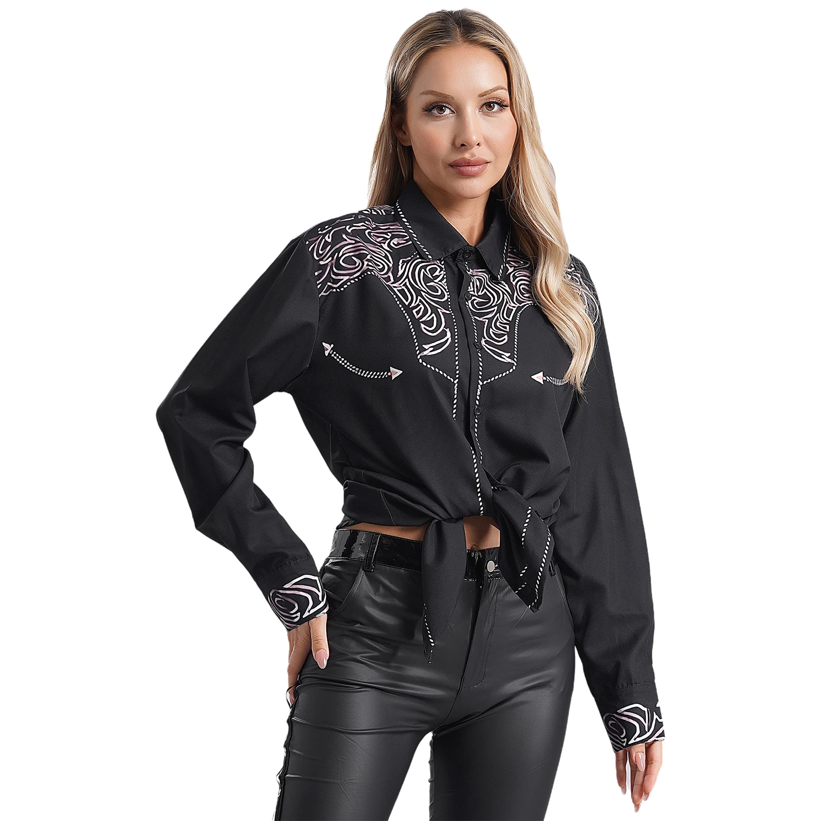 Women casual streetwear Vintage Printed Shirt Casual Long Sleeve Button Down Shirts Daily Wear Cowgirl Costume for Cosplay Theme