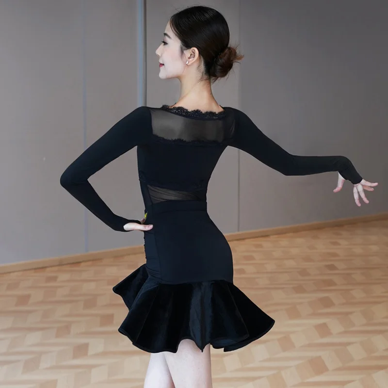 Vêtements de danse latine pour femmes, vêtements d'entraînement, col en dentelle, justaucorps noir, jupe à volants, Costume Cha Cha Rumba, Costume d'entraînement latin 2113