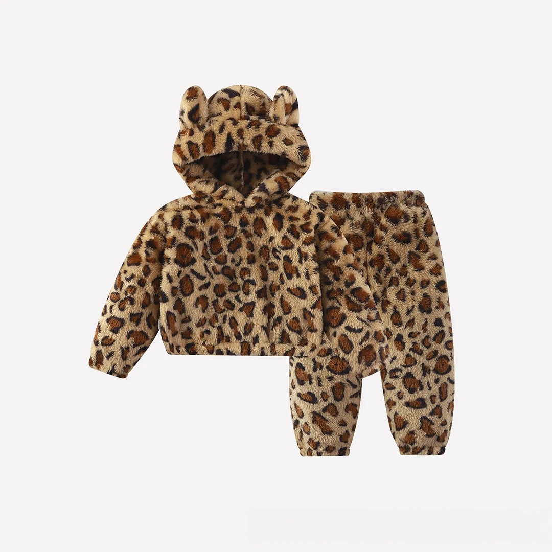 

Autumn Winter Girls Leopard Print Plush Pajama Set Korean Style Kids Cute Ear Hooded Loungewear 1-6Y Children Cozy Homewear