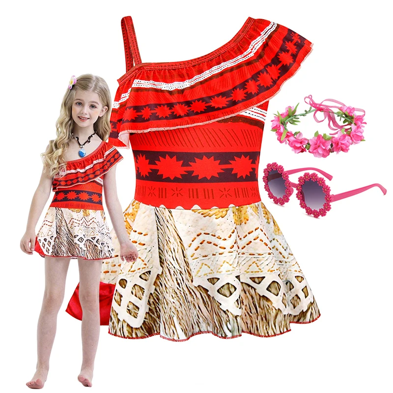 Moana Princess Girls One-Piece Swimsuit Summer Beach Swimwear with Flower Wreath Sunglasses Kids Cosplay Bathing Suit