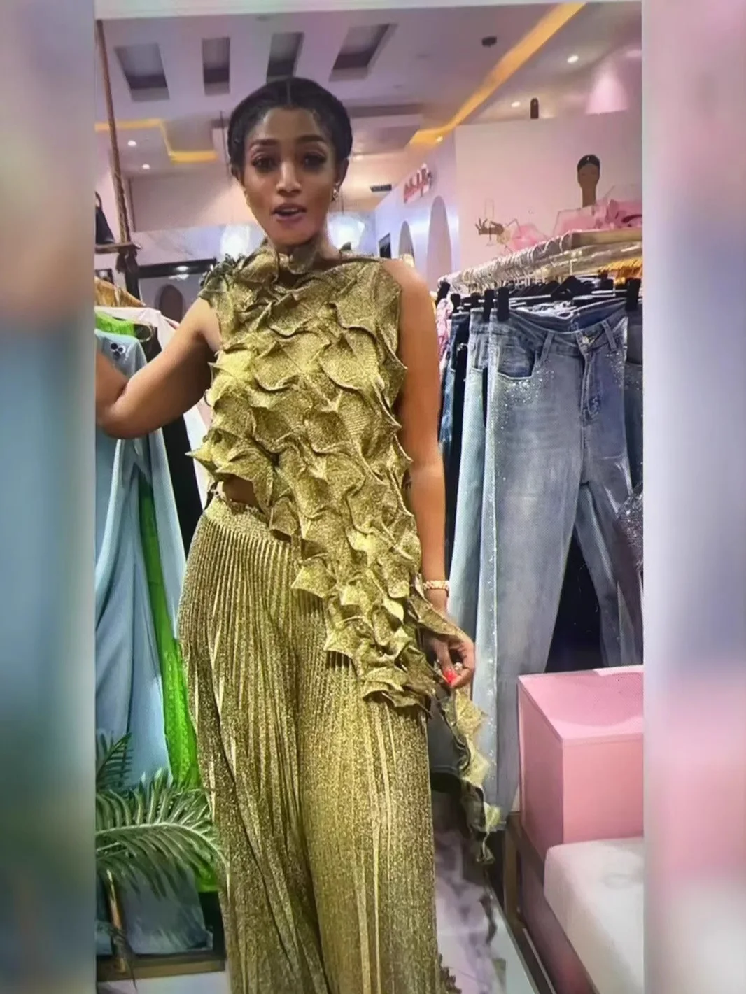 Women 2-piece Round Neck Sleeveless Patchwork Solid Color T-shirt Folded Fashion Casual Wide Leg Pants 2025 Summer Female Set