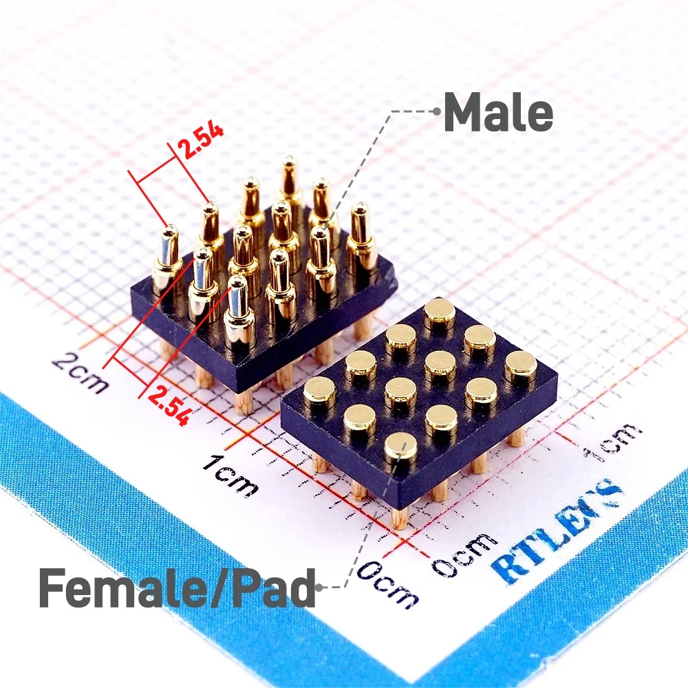 Spring Loaded Pogo Pin Conector 3 Rows 12 Pos 3x4 Position 2.54 mm Grid Male Height 5.0 6.0 7.0 MM Female 3.5 MM Glod 1u DIP