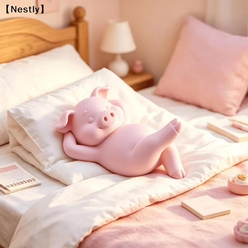 Reclining Lazy Pink Pig Figurine 3D Print Mini Relax Piggy Statue Kawaii Desktop Ornament Home Bedroom BookShelf Decor 〔Nest〕