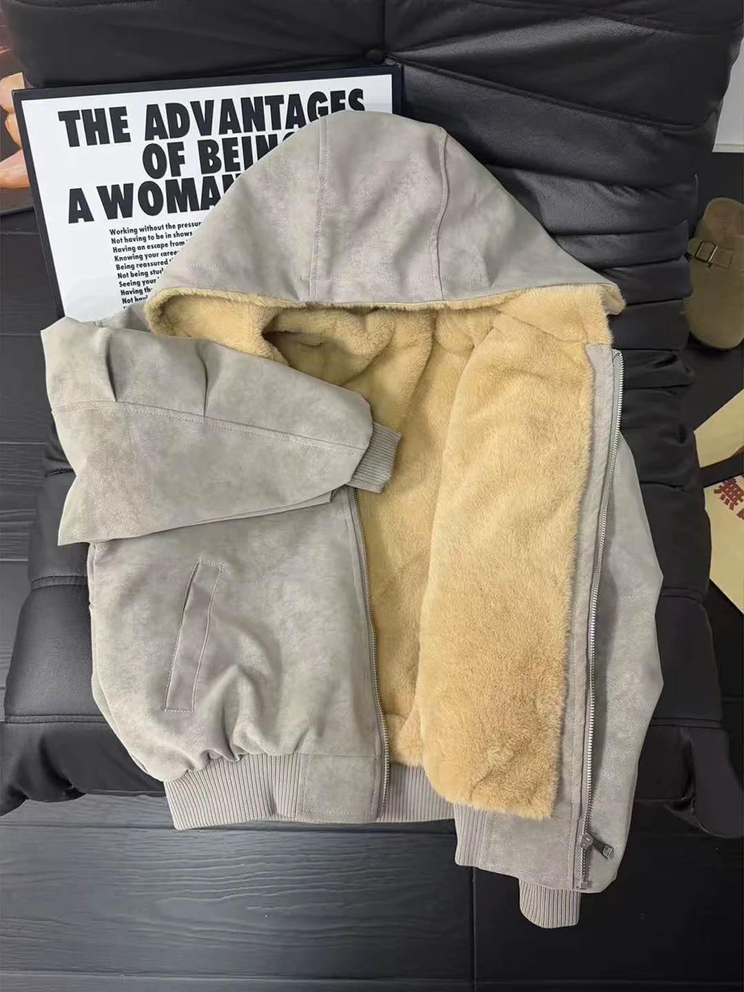 

Thiened Fce Lined Hooded Jaet Men's Winter Coat Fur Collar Cotton Padded Jaet Warm Stand Fit Long Sve Pure Color