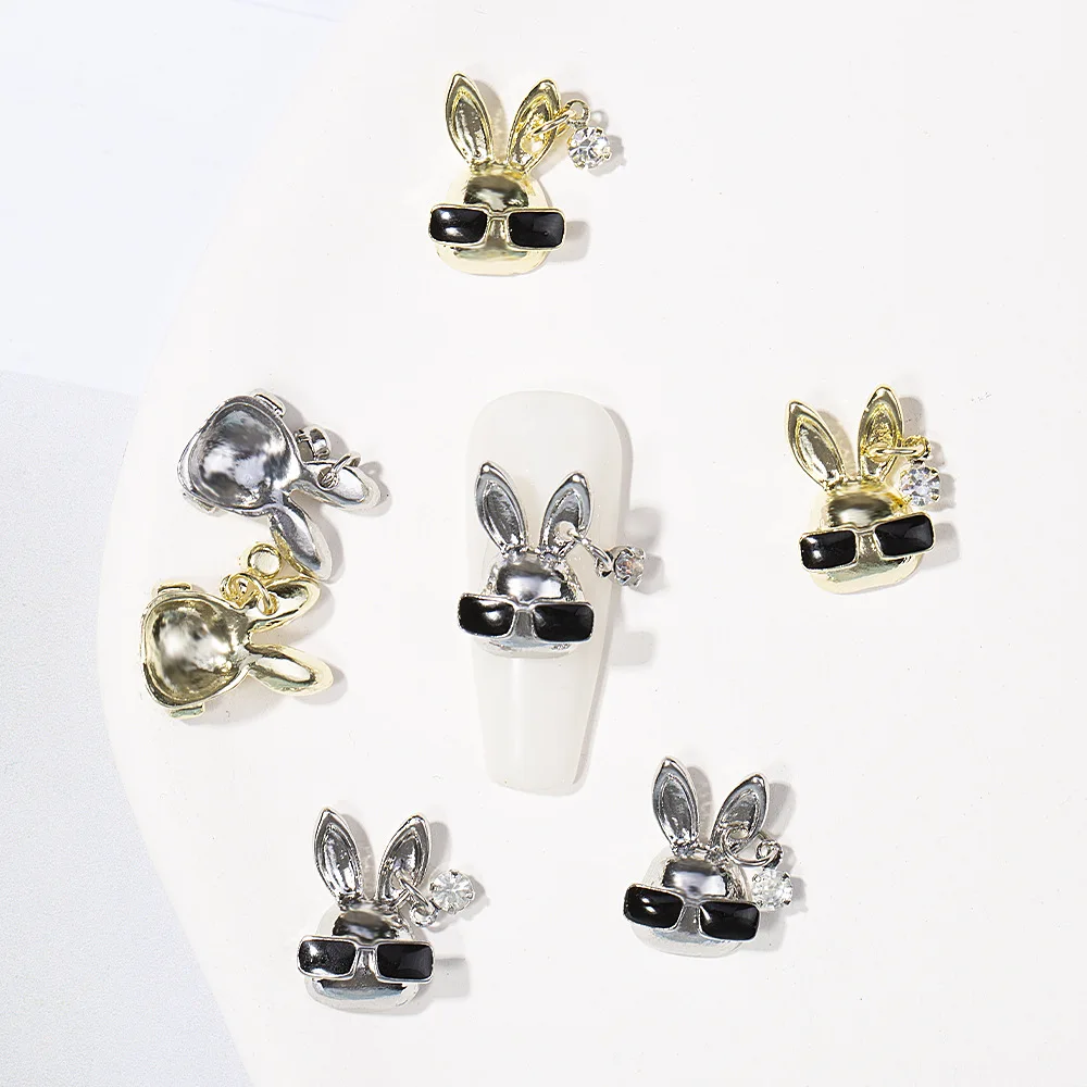 new 10pcs/bag Punk cool retro alloy sunglasses rabbit Nail art alloy zircon pendant with diamond nail decoration accessories