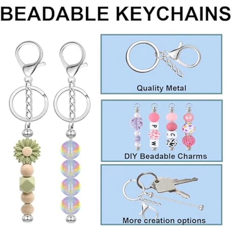 60Pcs Beadable Keychain Bars Blank DIY Keychains Bar For Beads Purse Keychains Thank You Cards For Women Man