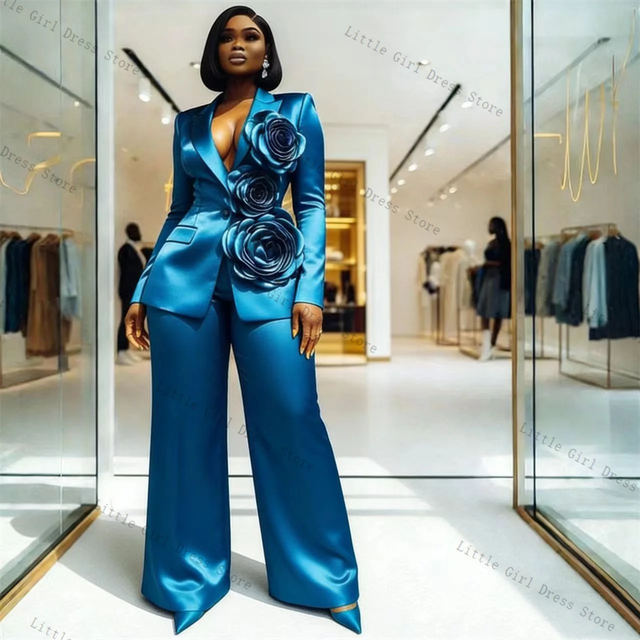 

2 Piece Blue Satin Women Suit Set Blazer Pants Trousers 3D Flower Formal Office Lady Jacket Prom Wedding Bride Coat Customized