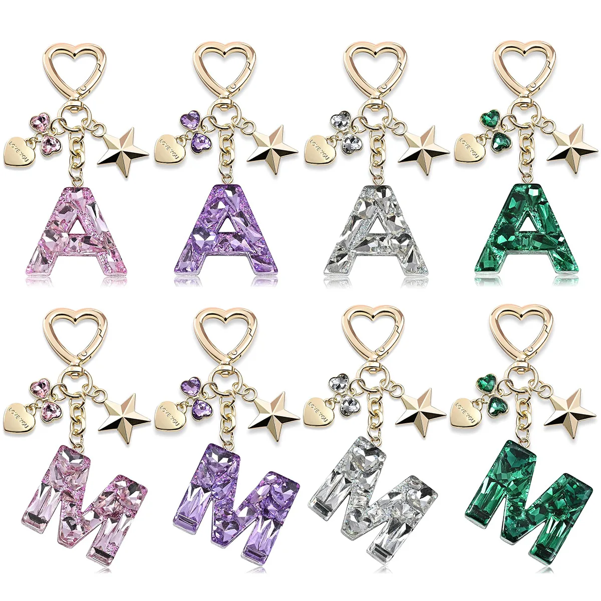 

Cute Colorful Bling Keychain A-Z Initial Letter Love Heart Star Pink for Women Girls Bag Cup Pendant Key Chain Accessories